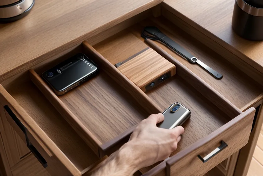 Main qui range le téléphone dans un tiroir en bois, geste simple de déconnexion pour la relaxation sexuelle du soir