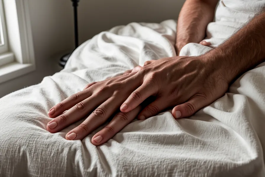 Gros plan d'une main d'homme détendue sur des draps en lin, symbole du lâcher-prise et de la respiration consciente