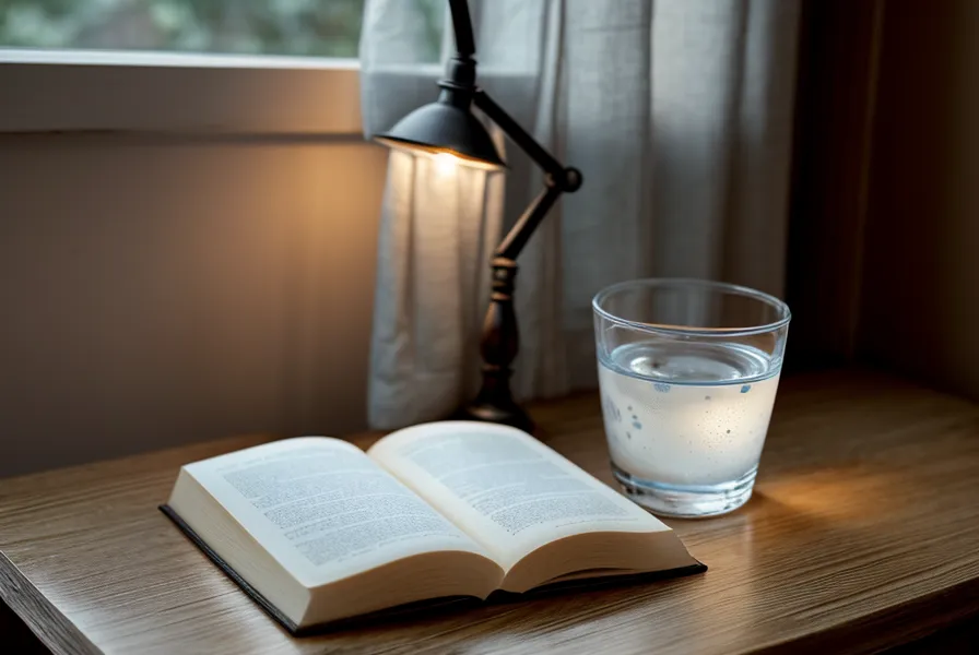 Verre d'eau et livre sur une table de nuit, ambiance calme liée à la maturité et au bien-être sexuel