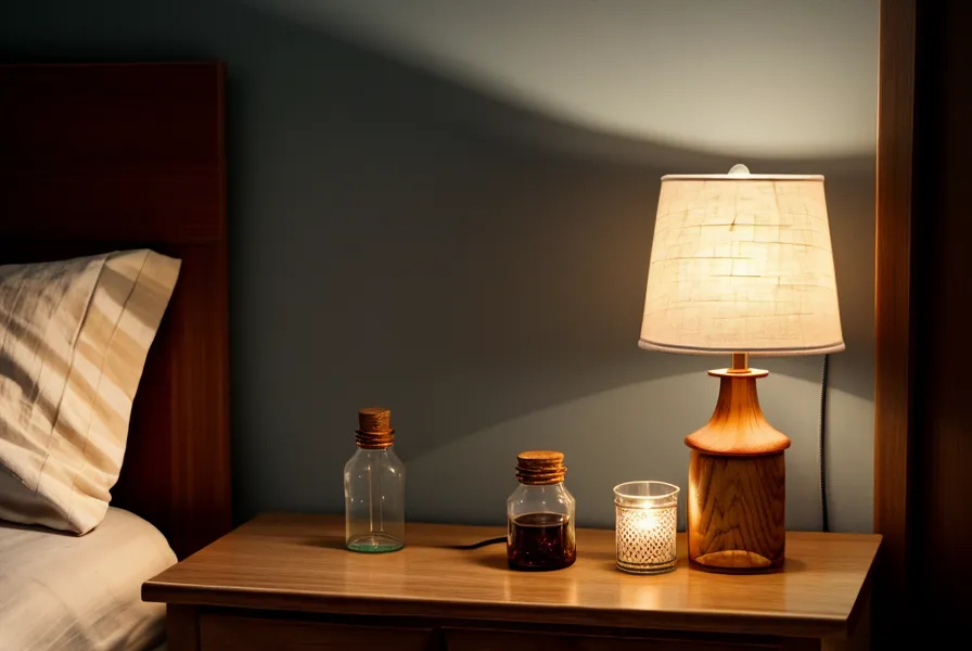 Table de chevet épurée avec huile essentielle de cèdre, un détail simple pour un environnement intime propice au lâcher-prise sexuel