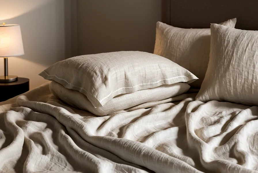 Draps en lin sous une lumière chaude, ambiance de bien-être dans la chambre qui apaise l'anxiété de performance