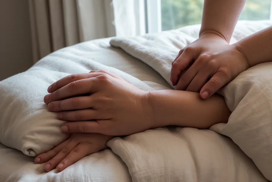 Mains détendues sous une couette épaisse, image du lâcher-prise sexuel et du bien-être masculin au réveil
