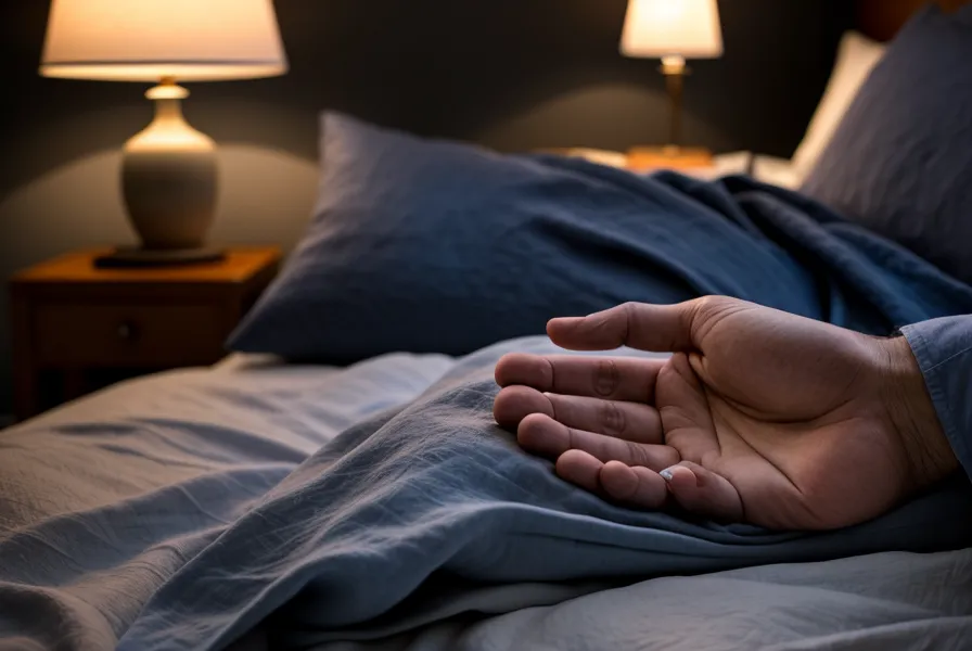 Main d'homme détendue sur des draps en lin, respiration lente et lâcher-prise plutôt que contrôle mental