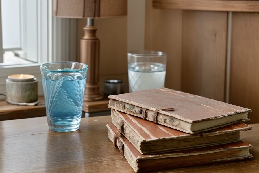Carnet de bord et verre d'eau sur une table de nuit en bois, suivi discret d'un cadre pour mieux vivre sa respiration et son bien-être masculin