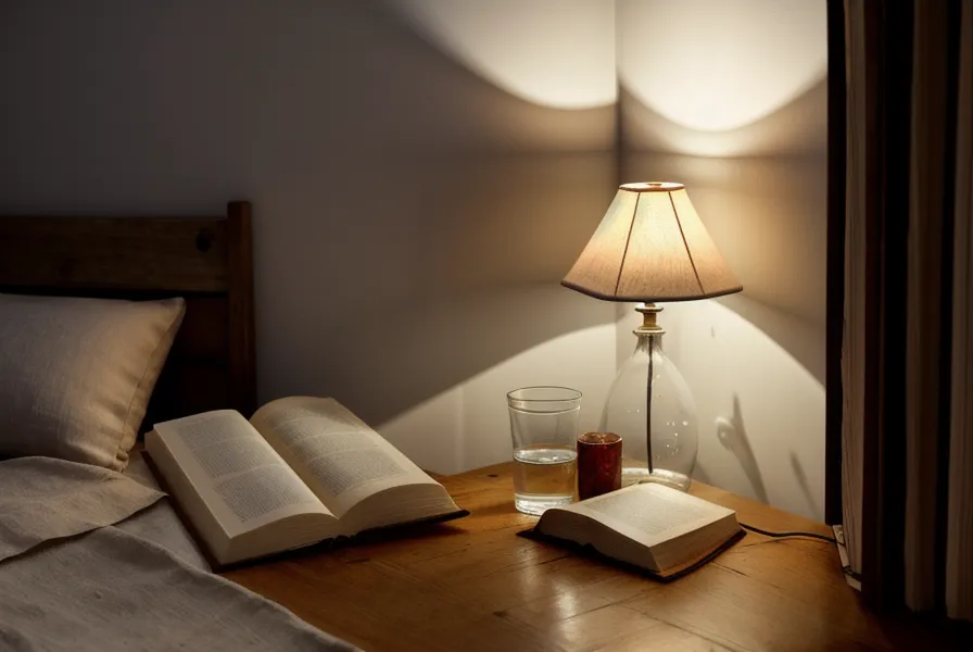 Bien-être homme et lâcher-prise : table de nuit avec livre et verre d'eau sous une lumière tamisée