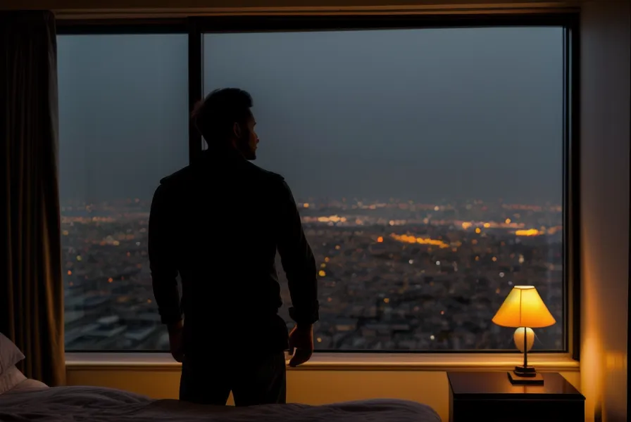 Libido masculine et stress freelance : silhouette respirant à la fenêtre ouverte la nuit pour relâcher la pression