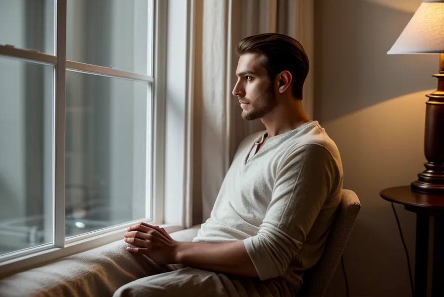Homme pratiquant une respiration calme le soir pour lâcher prise face à l'anxiété de performance